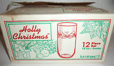 #ad #ad Vintage Set of 12 Luminarc Christmas Holly 16 oz Glass Tumblers Holiday