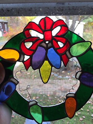 #ad Vintage Stained Glass Suncatcher Christmas Wreath With Big Lights 8”