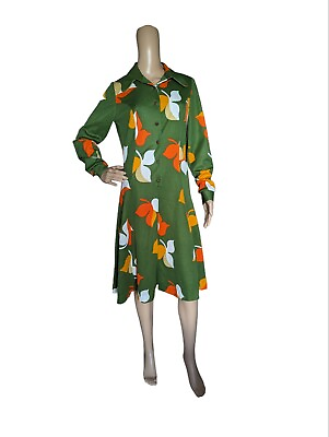 #ad #ad Vintage 70s Sears Fashion Green amp; Orange Oversized Leaf Print Dress Wide Collar