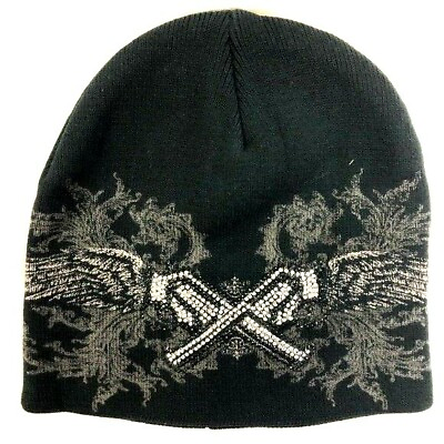 #ad NWT Sinful Affliction Black Knit Hat Beanie Guns Embellished Crystal Accents