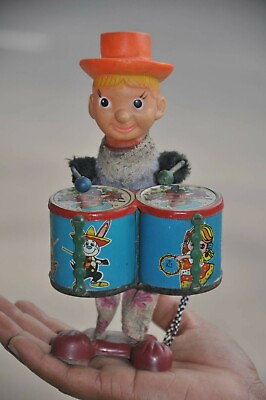 #ad Vintage Wind Up Textured Cloth Clown Double Drummer Litho Tin Toy