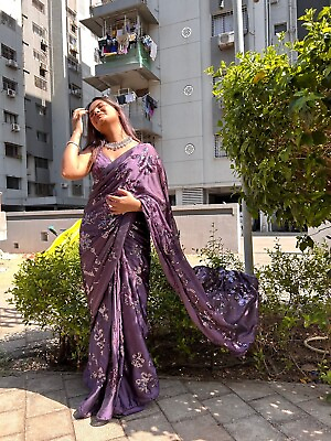 #ad Ethnic Georgette Purple Floral Saree Embroidery Sequins Party wear Sari Blouse