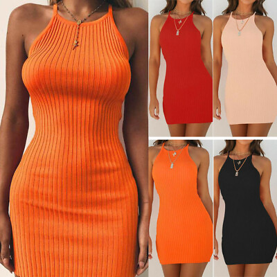 #ad Women Summer Ribbed Bodycon Mini Dresses Ladies Strappy Clubwear Party Dress