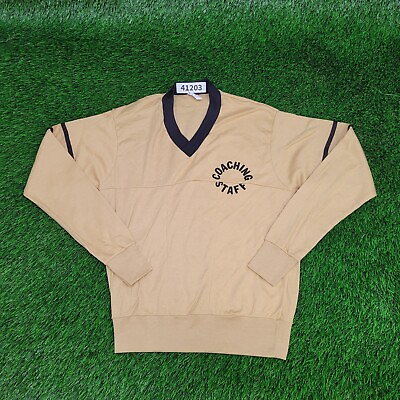 #ad Vintage 70s Coaching Staff Varsity Ringer T Shirt Small Beige Blue Long Sleeve
