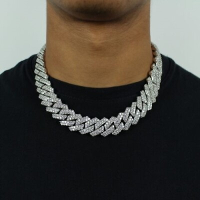 Miami Cuban Link Chain Classic 15 mm Iced A Out Rhinestones White Gold Plated