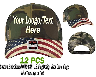 #ad 12 Custom Embroidered OTTO Trucker CAP U.S. Flag on Visor Camo with Logo or Text