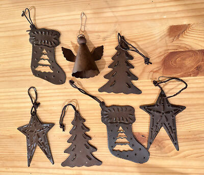 #ad Brown Metal Christmas Ornaments Lot 7pc Rusted Rustic Style Ornament