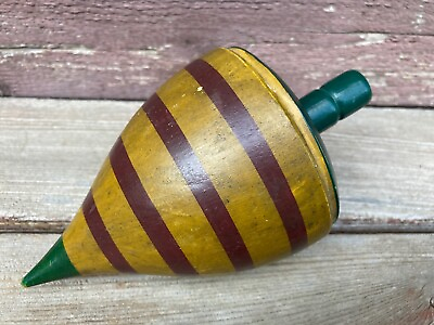 LARGE ANTIQUE WOOD PAINTED SPINNING TOP HARDWOOD STRIPED TOY PRIMITIVE