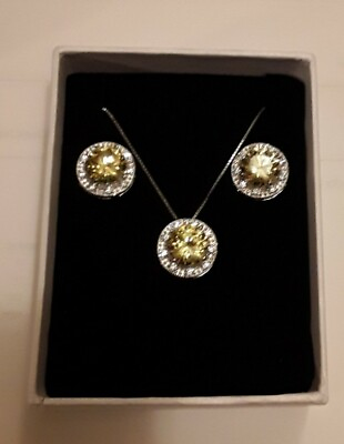 #ad Sterling Silver 925 Italy Lemon ICE Crystal HALO Pendant amp; Earring Set Gift