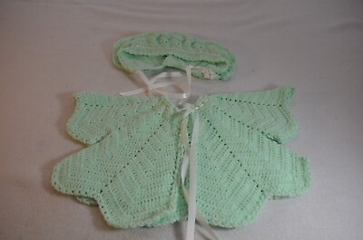 #ad #ad Vintage Hand Knit Baby Sweater And Hat Set Light Green