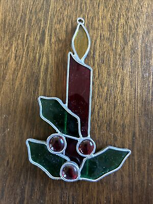 #ad Vintage Stained Glass Suncatcher Christmas Ornament Candle Stick W Holly 6”