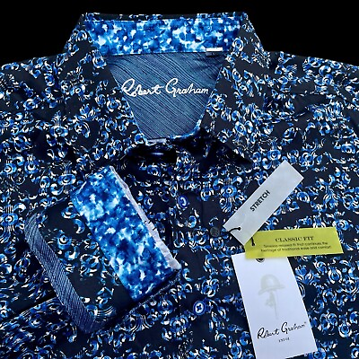 #ad Robert Graham Merano Damask Print Stretch Long Sleeve Shirt Navy Size 2XL $198