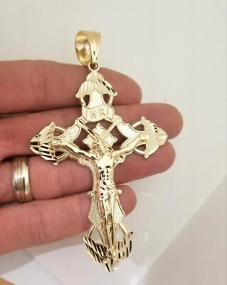 #ad 14K Solid Real Gold Religion Diamond Cut Jesus INRI Cross Crucifix Pendant