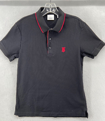 #ad Burberry London Polo Shirt Mens Sz S Black Pique Red Logo Icon Placket Cotton