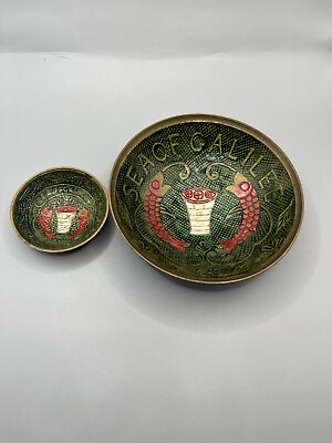#ad Vintage Set of 2 Brass Enamel Sea of Galilee Bowls Christian 5.5quot; and 2.75quot;