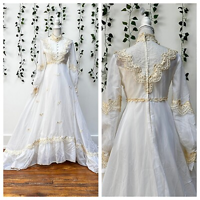 #ad Vintage 60s 70s Wedding Dress Ivory Boho Hippy Long Sleeves Modest Prairie XS