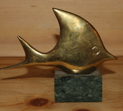 #ad Vintage hand made brass modernist fish figurine with marble base