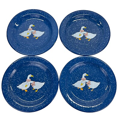 #ad VTG 4 Enamelware 10quot; Dinner Plates Camping Duck Print Country Cottage Blue Farm