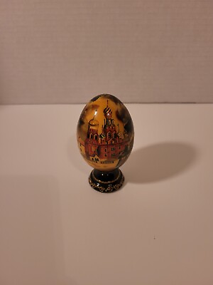 #ad Vintage Hand Painted Black Lacquer Russian Wood Egg Folk Art With Stand