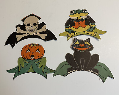 #ad Vtg 1936 Whitman Halloween Decorations 4 Pcs from Party Book Frog Cat Pumpkin