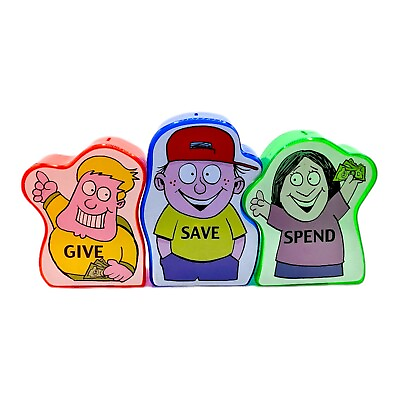 Give Save Spend Clear Colored Plastic Toy Piggy Coin Money Bank Kids Dave Ramsey