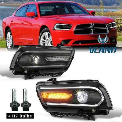 Pair LED DRL Headlight W Dual Beam Halogen Model For 2011 2014 Dodge Charger
