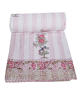 #ad Indian Twin Kantha Quilt cotton Blanket Bedspread Gudari Hand Block Print White